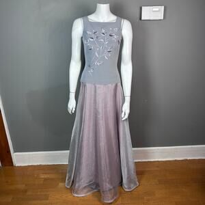 VTG Garden Fairy Regency gown flower embroidery pink organza long dress Tadashi